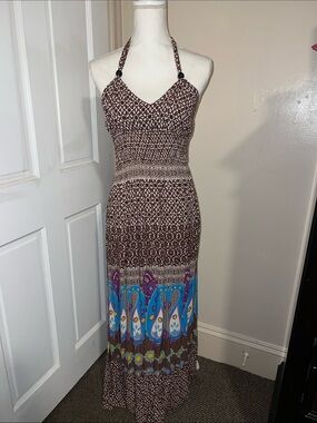 Charlotte Russe Brown Halter Maxi Dress with Blue & Purple Border